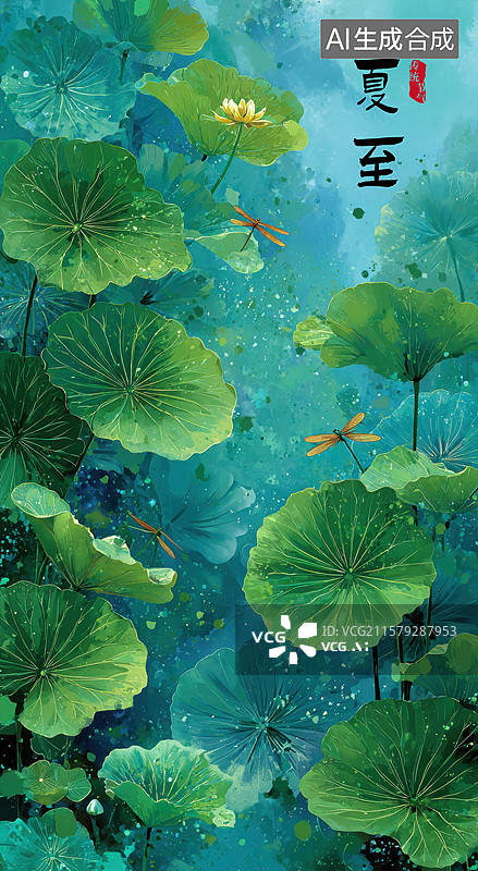 【AI数字艺术】一幅画, 画中有池塘, 有绿色的百合花和几只蜻蜓图片素材