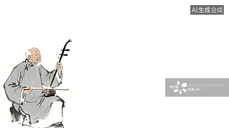 【AI数字艺术】拉二胡的人水墨画背景左下图片素材
