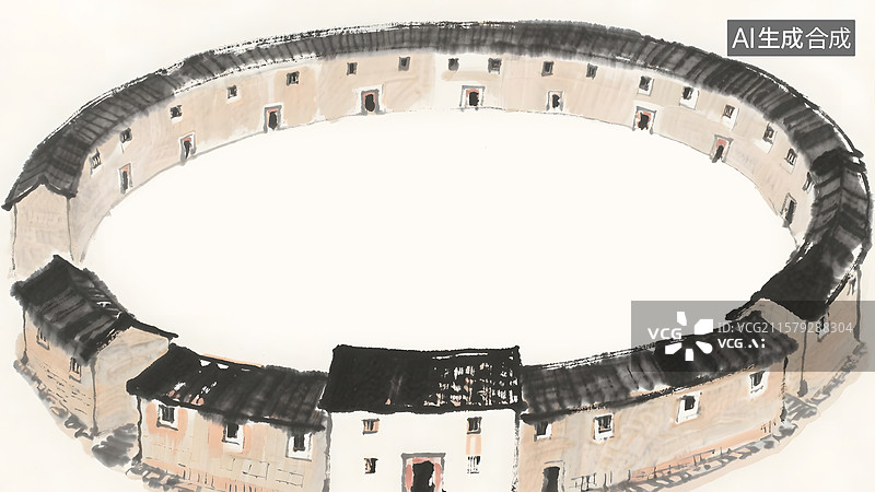 【AI数字艺术】土楼水墨画背景最大图片素材