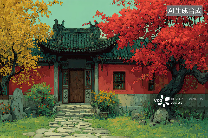 【AI数字艺术】古代建筑，门外的石板路，屋子两旁种植的银杏树图片素材