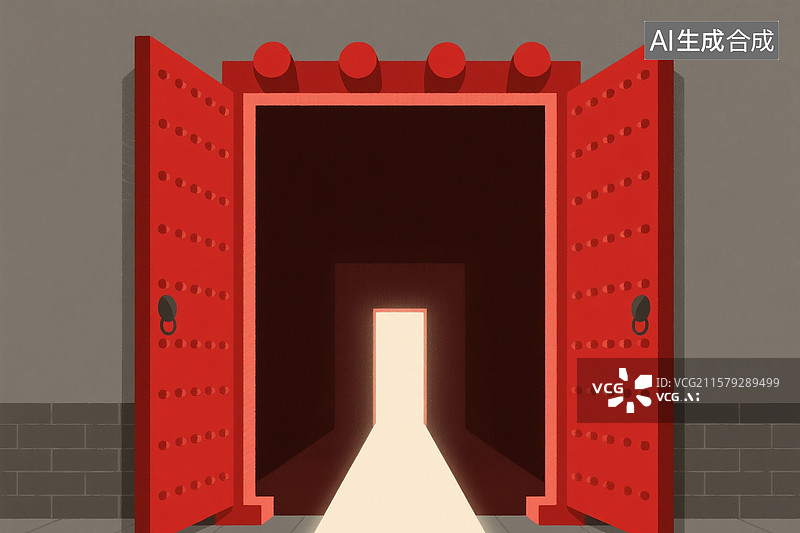 【AI数字艺术】道观、宫廷红色的大门扁平插画图片素材