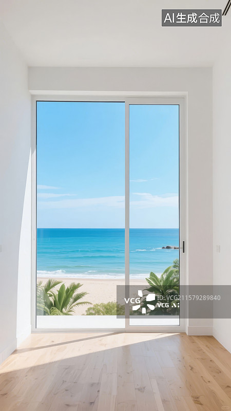 【AI数字艺术】海景房内视角，滑动门通向沙滩图片素材