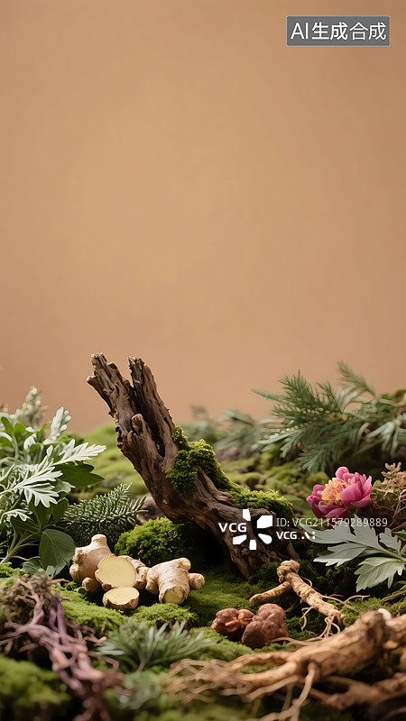 【AI数字艺术】暖棕色系枯木针叶生态摄影留白装饰背景图片素材