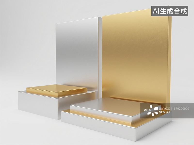 【AI数字艺术】白色背景中的3D金银材质展示台图片素材