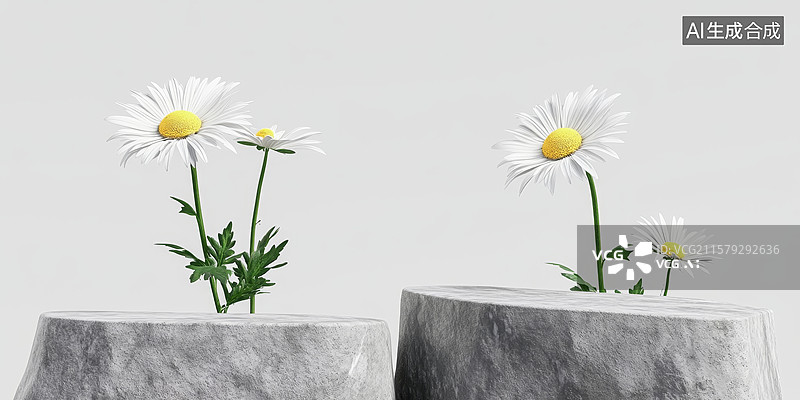 【AI数字艺术】两组石台上绽放的雏菊图片素材