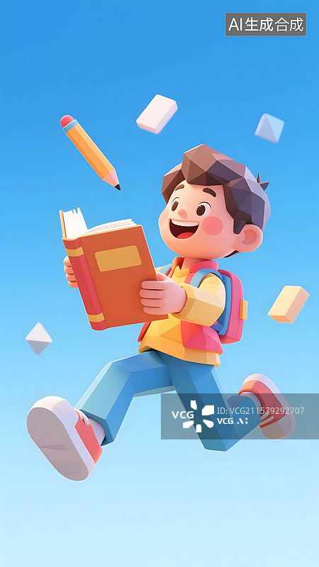 【AI数字艺术】男孩看书开心跳跃3D立体卡通插画图片素材