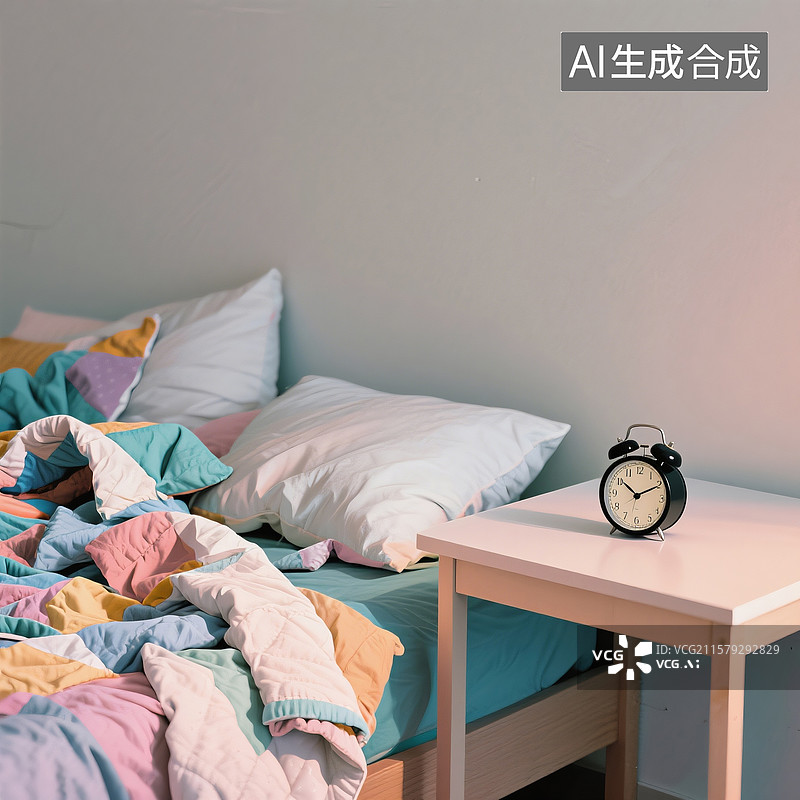 【AI数字艺术】简约风格凌乱床铺与桌上闹钟画面图片素材