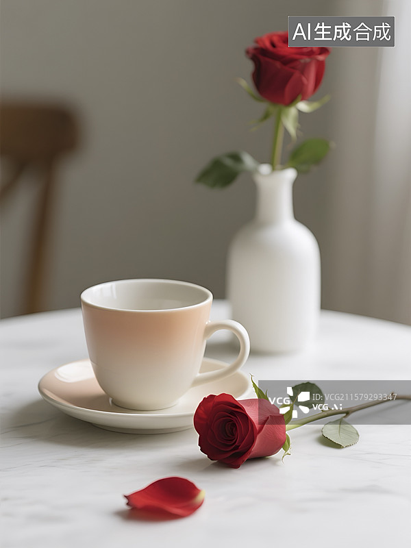 【AI数字艺术】摆有茶杯与红玫瑰的温馨桌面场景图片素材