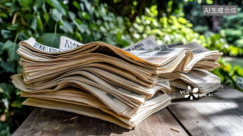 【AI数字艺术】户外桌上的报纸堆叠图片素材
