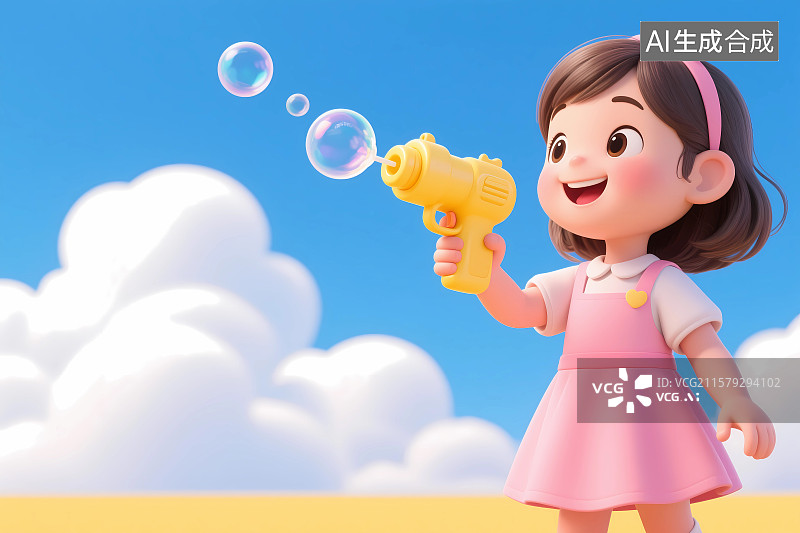 【AI数字艺术】玩泡泡枪的小女孩3D卡通插画图片素材