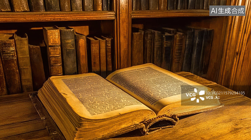 【AI数字艺术】古旧书架上的打开书籍图片素材