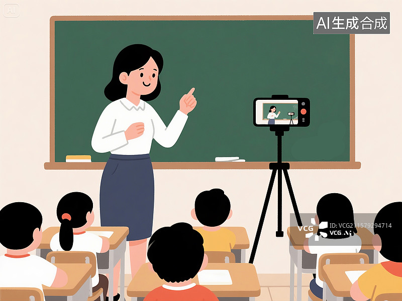 【AI数字艺术】女老师在课堂用手机直播授课画面图片素材
