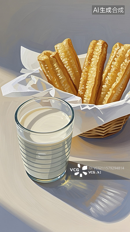 【AI数字艺术】篮子中的油条与一杯豆浆插画图片素材