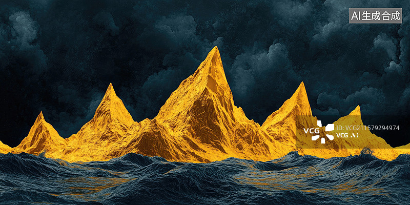 【AI数字艺术】极简金山千里江山虚幻金色山峰从黑云海中浮现抽象商业背景壁纸金融科技和年会的设计梦幻书籍封面海报航拍图片素材