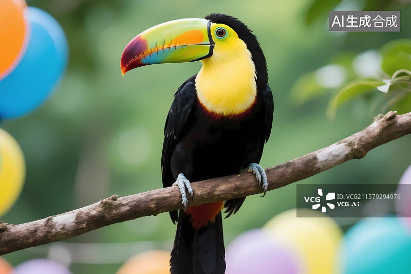 【AI数字艺术】一只栖息在树枝枝头的巨嘴鸟图片素材