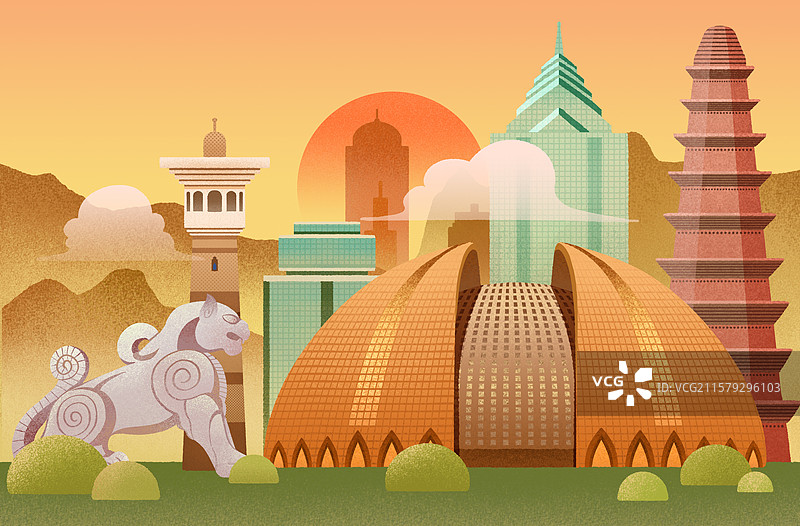 乌鲁木齐地标建筑新疆大剧院大巴扎红山塔中天广场扁平插画图片素材