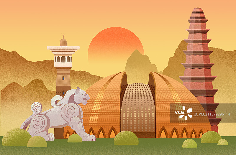 乌鲁木齐地标建筑新疆大剧院大巴扎红山塔中天广场扁平插画图片素材