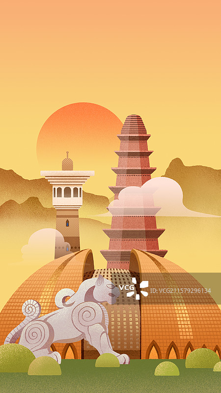 乌鲁木齐地标建筑新疆大剧院大巴扎红山塔中天广场扁平插画图片素材