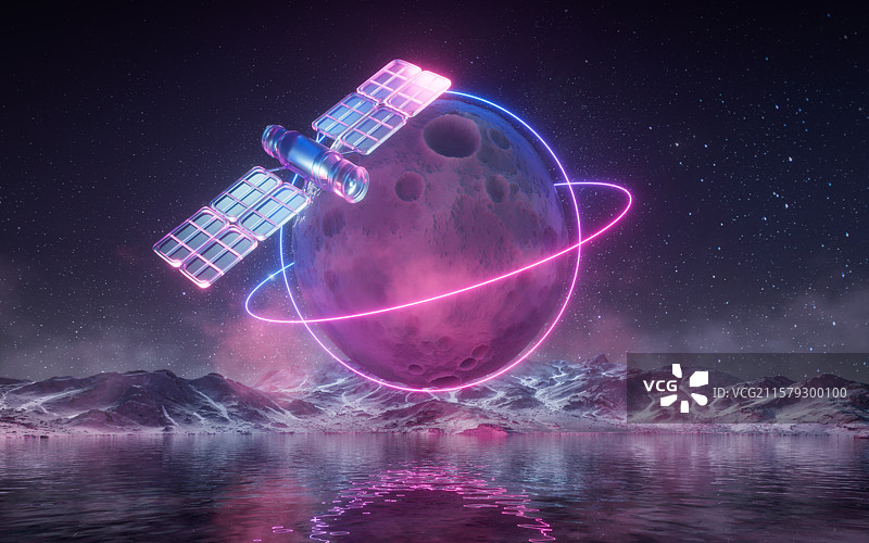 超现实太空星球与人造卫星三维渲染图片素材