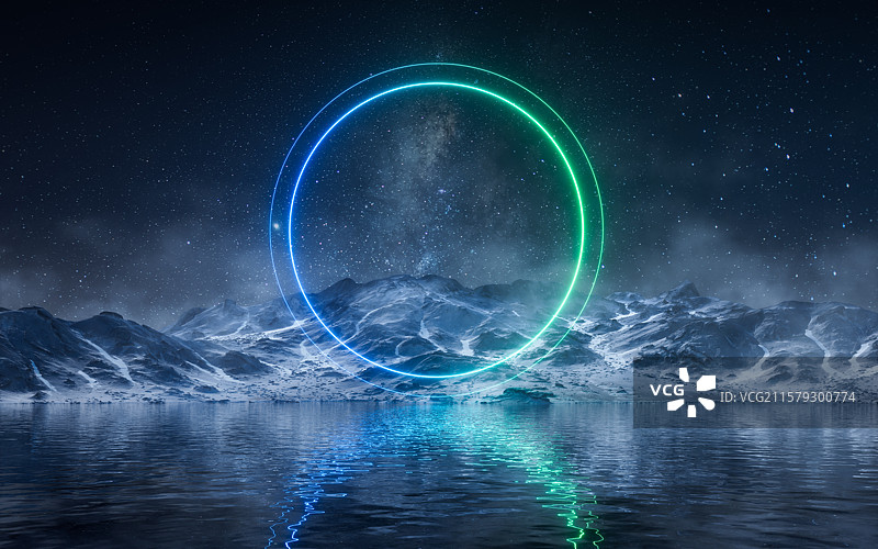 夜晚湖面上的霓虹发光线条三维渲染图片素材