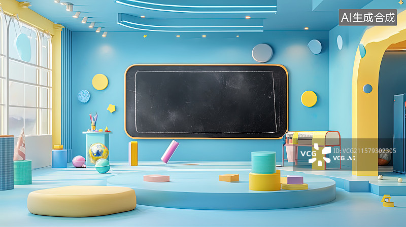 【AI数字艺术】蓝色幼儿园课堂一角教育培训展台3D电商背景图片素材