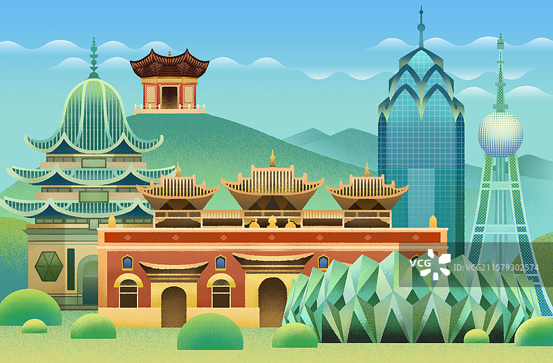 青海西宁地标建筑塔尔寺海湖体育中心浦宁之珠日月山插画图片素材