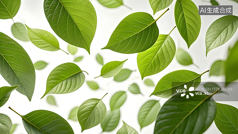 【AI数字艺术】绿叶在白色的背景中飞舞图片素材