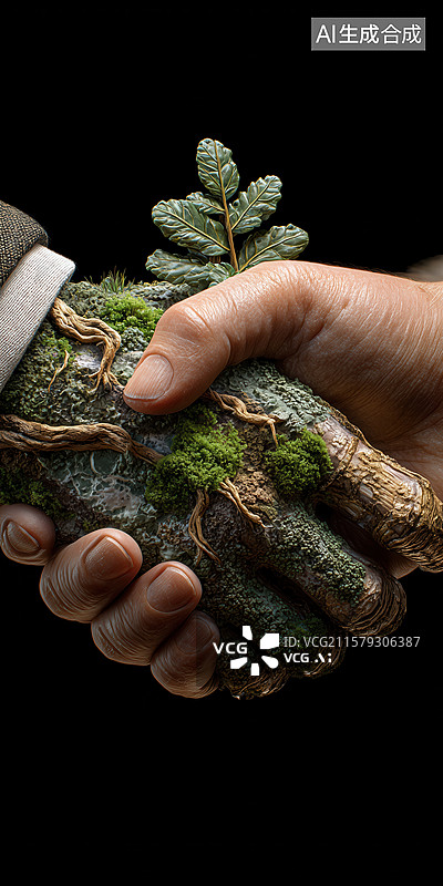 【AI数字艺术】人类手掌和绿色植物覆盖的手握在一起3D立体插画图片素材