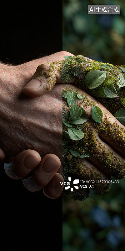 【AI数字艺术】人类手掌和绿色植物覆盖的手握在一起3D立体插画图片素材