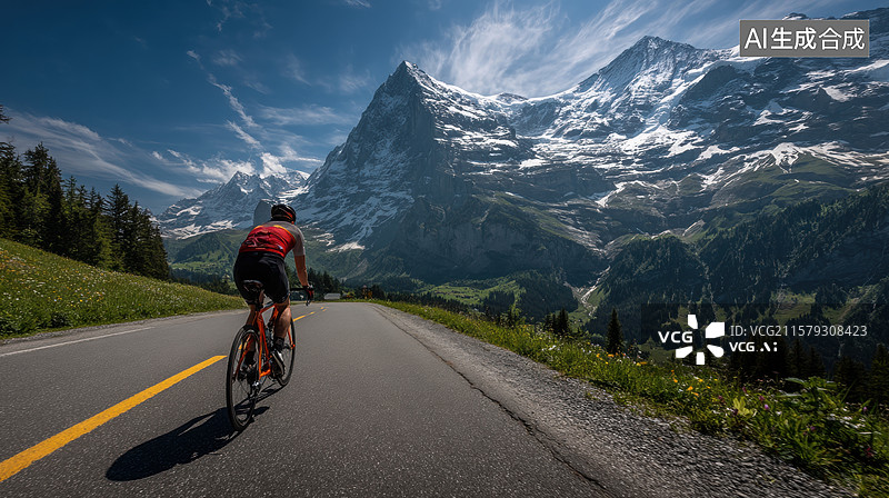 【AI数字艺术】骑行者在雪山下的蜿蜒公路上图片素材