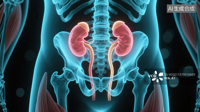 【AI数字艺术】人体泌尿系统X光透视肾脏健康可视化图片素材