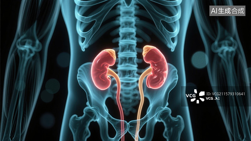 【AI数字艺术】人体泌尿系统X光透视肾脏健康可视化图片素材