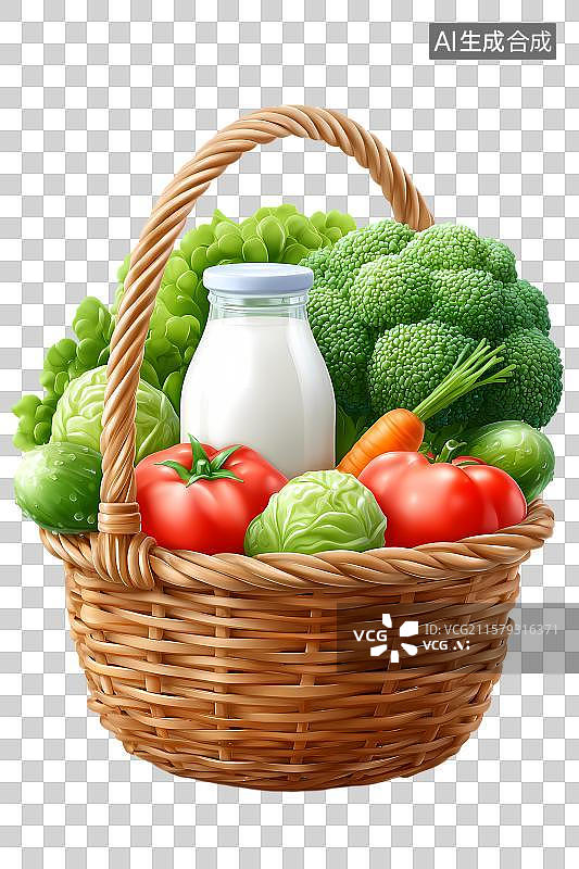 【AI数字艺术】装满蔬果和牛奶的篮子图片素材