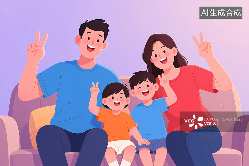 【AI数字艺术】一家人坐在沙发上合影，快乐的比耶，插画图片素材