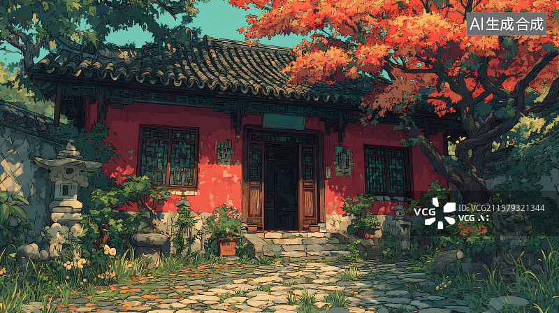 【AI数字艺术】破旧的古代建筑，地面铺着地砖图片素材