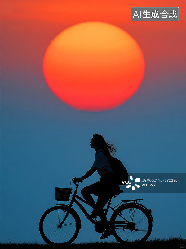 【AI数字艺术】大大的红月亮夜空，骑车的女孩剪影图片素材