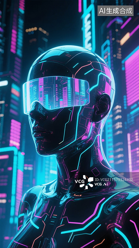 【AI数字艺术】未来科技感机器人在霓虹城市中图片素材