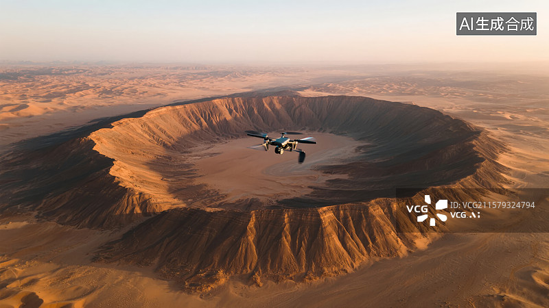 【AI数字艺术】飞机飞越沙漠中的巨大陨石坑图片素材