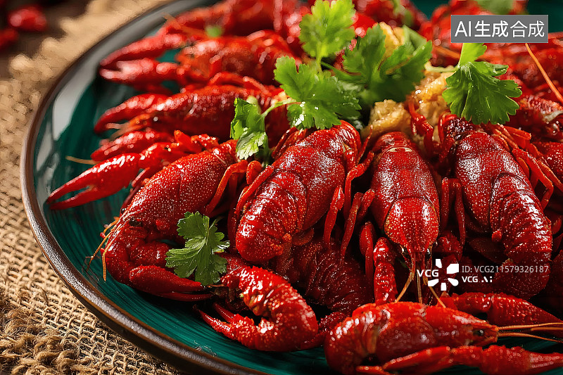 【AI数字艺术】一盘美味的麻辣小龙虾，上面撒着香菜叶图片素材