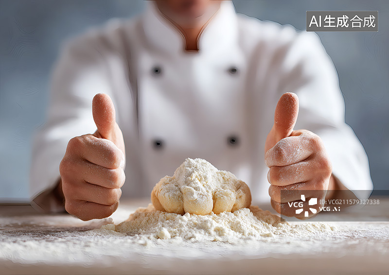 【AI数字艺术】一个揉面的厨师竖起大拇指图片素材