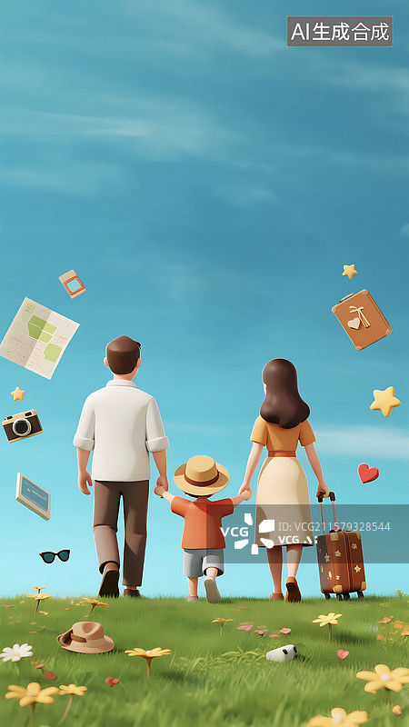 【AI数字艺术】3d卡通家庭出游旅游季图片素材