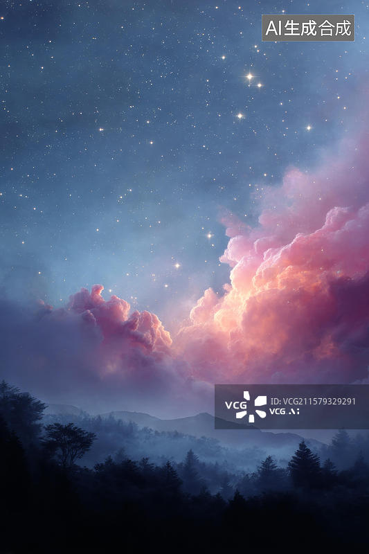 【AI数字艺术】梦幻星空粉云山林景观图片素材