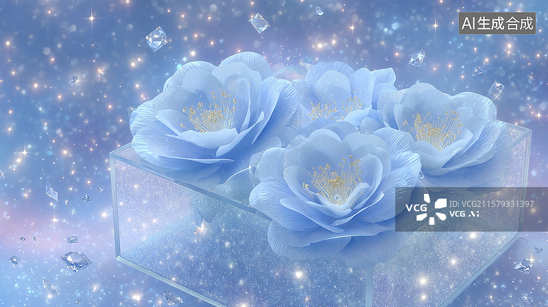 【AI数字艺术】蓝色闪光玫瑰花束置于透明玻璃容器中图片素材