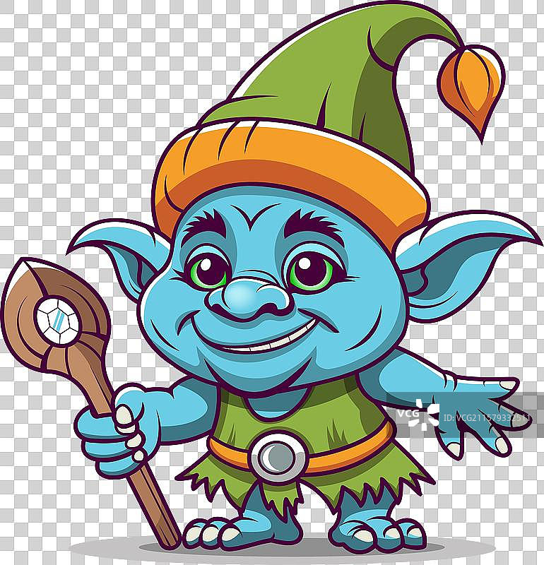 可爱的幽默友善蓝色小妖精或侏儒卡通形象图片素材