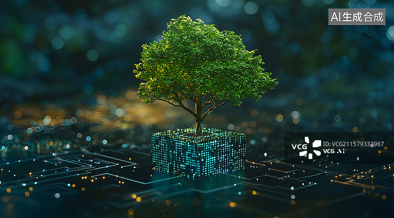 【AI数字艺术】科技树木生长在网络线路上，植树节绿色能源智慧农业概念插图图片素材