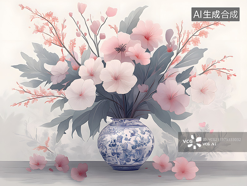 【AI数字艺术】一束插在青花瓷花瓶中的鲜花图片素材