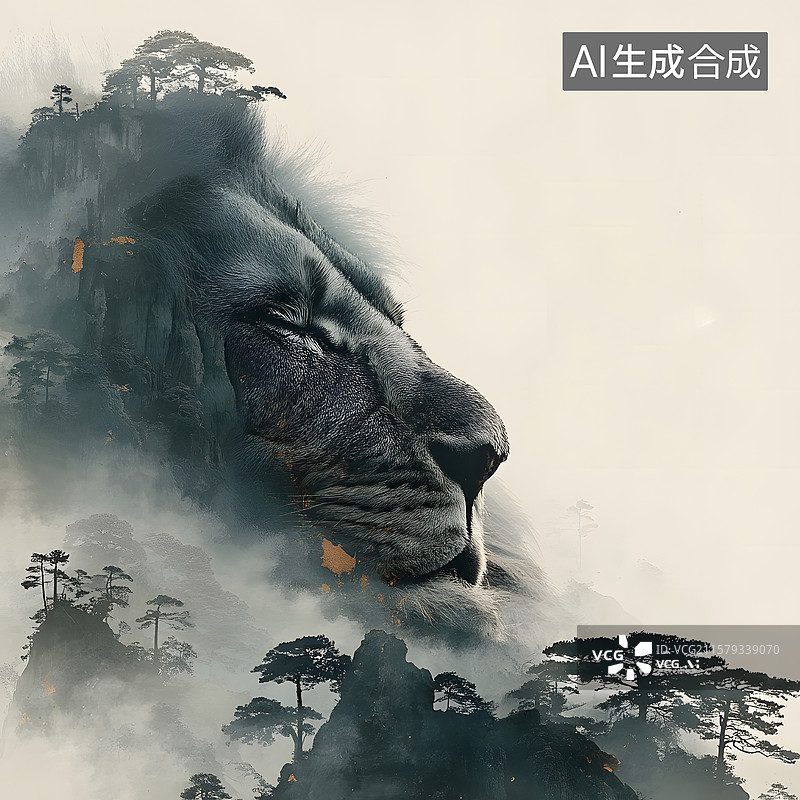 【AI数字艺术】狮子与山脉的艺术结合图片素材