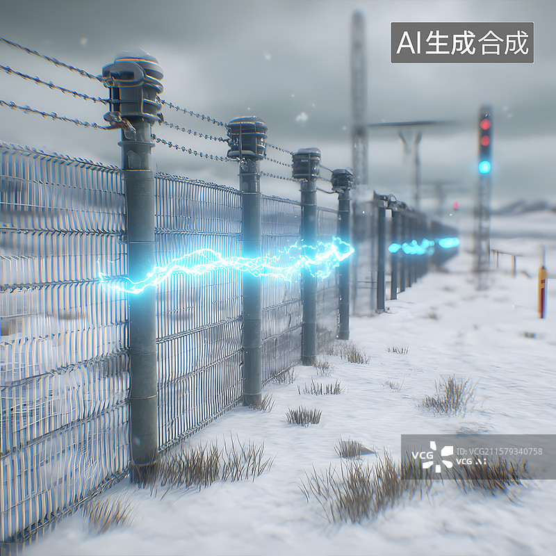 【AI数字艺术】雪地中的电力防御设施图片素材