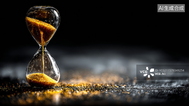 【AI数字艺术】黑暗背景中沙漏中的金色时间流逝图片素材