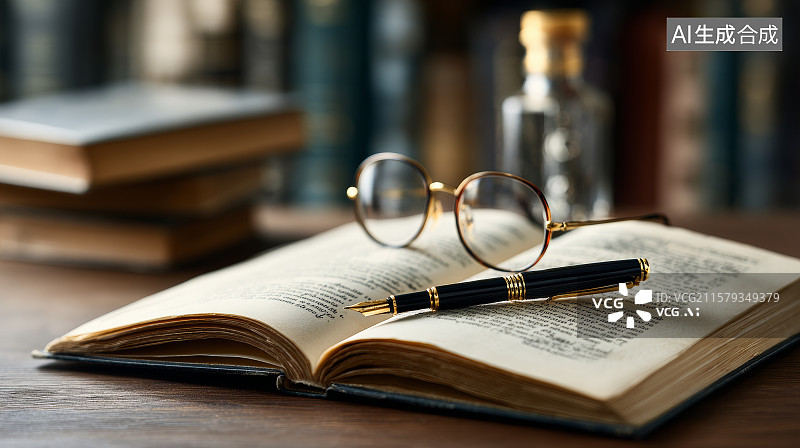 【AI数字艺术】眼镜搁在打开书本上书写笔置于前景图片素材